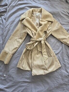 HYFVE - Faux Leather & Shearling Trim Tie-Waist Coat - Beige